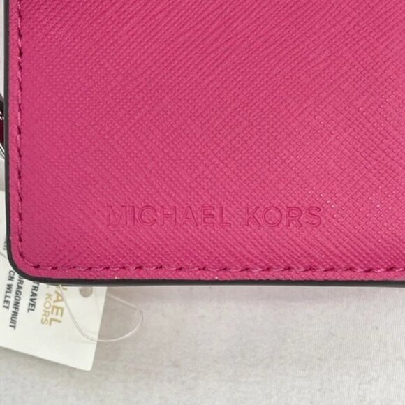 NEW MICHAEL KORS Jet Set Travel Medium Bifold Zip Wallet Leather Dragon Fruit - Picture 2 of 12